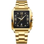 JewelryWe Square Tank Luminous Watches: Men Gold Black Tank Business Date Waterproof Analogue Quartz Rectangular Big Face Stainless Steel Wristwatch