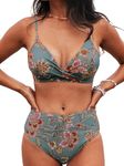 CUPSHE Women's Twist Front High Waisted Bikini Set V Neck Padded Two Pieces Bathing Suits Swimsuits Red Floral M