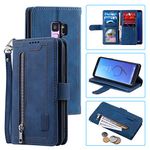 UEEBAI Wallet Case for Samsung Galaxy S9 Plus, Retro 9 Card Holder Slots Zipper Pocket Handbag Case PU Leather Magnetic Closure Kickstand with Wrist Strap TPU Shockproof folio Case - Blue