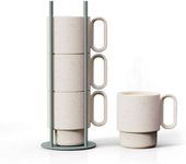 Libken Stackable Coffee Mug Set with Green Stand Rack 4x10oz Ceramic Mugs with Unique Sprinkled Optics - Powder Coated Metal Rack for Space Saving Storage - Dishwasher-Safe - Microwave & Oven Use