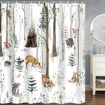 Rustic Forest Shower Curtain, Country Woods Lodge Cabin Bathroom Shower Curtains, Funny Animals Kids Children Bathroom Accessories Waterproof Fabric Home Decor 70 X 70 Inches
