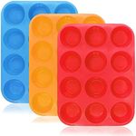 12-Cup Silicone Muffin & Cupcake Baking Pan, YuCool 3 Pack Silicone Molds for Muffin Tins, Cakes Microwave Oven Safe (Orange, Red, Blue)