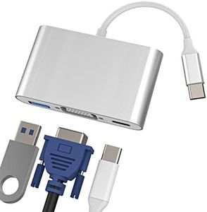 USB C to VGA+USB-A+Type-C Adapter Thunderbolt 3.0 OTG Cable Accessories for TV Splitter Digital AV Port Converter and Charger Connector Cord Projector Monitor Sync Screen Mouse MacBook Pro Adaptador