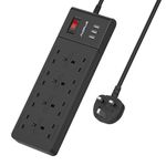 8 Way Extension Lead 2M, AUOPLUS Multi Plug Extension Lead with USB Slots, Plug Extension Sockets Power Strip, Wall Mountable Extension Cord with Black 2 Metre Long Extension Cable for Home Office