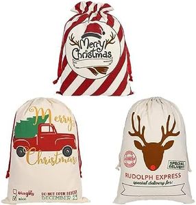 Christmas Canvas Bag, 3 Pack Large Reusable Gift Bags with Drawstrings, Personalized Gift Bags for Christmas Thanksgiving New Year Party Supplies