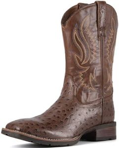 SUREWAY FULL QUILL OSTRICH Cowboy Boots For Men -Mens Square Toe Embroidery Western Boot, Durable Classic Pull on 10 Inch Wellington Boots - Soft Toe Full Grain Leather Work Boots
