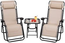 Costway 3 PCS Zero Gravity Lounge Chair Set, Outdoor Lounge Chairs w/Removable Headrest and Table w/ 2 Cup Holders, Set of 3 Adjustable Folding Lounge & Table for Balcony Yard Beach Pool (Beige)