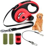 ODRIEW Heavy Duty Retractable Dog Leash for Large Dogs, 26ft with Chew Proof Cable, LED Light, Dispenser, 2 Poop Bags. 360° No Tangle, One Button Brake & Lock, for Dogs Up to 110Lbs. (Red, 26ft)