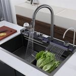 COOTER 30" x 18" x 9" Fully Equipped Kitchen Sink with Integrated Waterfall and Pull-down Faucets with 304 Grade Stainless Steel Nano Black Finish Sink with LED Pannel and Digital Display