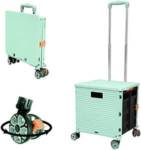 Foldable Utility Cart Folding Portable Rolling Crate Handcart with Durable Heavy Duty Plastic Telescoping Handle Collapsible 4 Rotate Wheels for Travel Shopping Moving Luggage Office Use (Green)