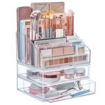 STORi Chloe Stackable Clear Makeup Holder and Double Organizer Drawer Set | Organize Cosmetics and Beauty Supplies | Made in USA