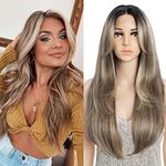 FASHION IDOL Wig for Women Synthetic Lace Frontal Wigs Door Curtain Bangs in the Split Lace Hair Stitching Layered Wig Highlights 28 Inch