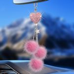 Pink Bling Car Accessories Interior for Women - Girly Crystal Car Rearview Mirror Decor, Cute Rinestones Diamond Para Carro de Mujer, Vehicle Mirror Decor Love Heart [Fuzzy Plush Ball]