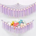 Stuffed Animal Hammocks,Stuffed Animals Storage with Lace Tassels and LED Light,Toy Storage Net for Teddy Plushie,Organizer Wall Decor Corner Hanging Holder for Kids Bedroom, Playroom(Purple)