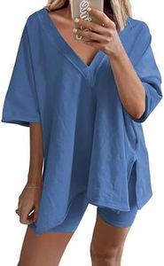 TAQCUX 2 Two Piece Outfits for Women Summer Oversized Workout V Neck T Shirts Biker Shorts Matching Sets(Blue-XL)
