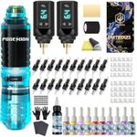 POSEIDON Wireless Rotary Tattoo Machine Kit with 20 Tattoo Cartridge Needles, Ink Set & 2 Rechargeable Batteries | Professional Portable Tattoo Pen for Beginners | Complete Starter Supplies