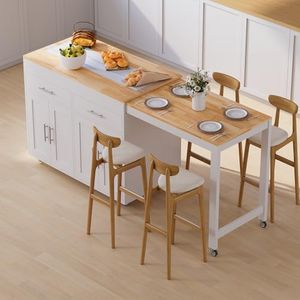 OtterOasis 78" Rolling Kitchen Island with Extendable Table, Mobile Kitchen Islands with Storage for 2-4, 3 in 1 Island Cart on Wheels for Small Space with 2 Drawers & 4 Door Cabinet, White