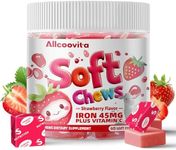 Iron Soft Chew Supplement with Vitamin C | Strawberry Flavored | Gluten Free | Iron Supplement for Women Men and Kids | 60 Count | 2 Month Supply