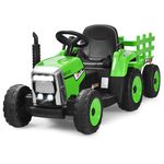 HONEY JOY Ride On Tractor with Trailor, 12V Electric Vehicle for Kids, 3-Gear-Shift Ground Loader, LED Lights, Horn, Music, Battery Powered Ride On Car with Remote Control, Gift for Boys Girls (Green)