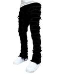 Conshvi Men's Slim Fit Stretch Jeans Distressed Patchwork Stacked Frayed Straight Leg Skinny Denim Pants, Black, Medium