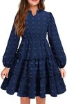 Arshiner Girls Dress Swiss Dot V Neck Long Sleeve Ruffle Tiered Boho Party Casual Formal Party Dress Navy Blue 9-10Y