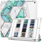 DuraSafe Cases for iPad 7th 8th 9th Gen 2019/2020 / 2021-10.2 Inch [iPad 9 8 7 ] A2602 A2270 A2197 UltraSlim Printed Auto Sleep/Wake Printed TPU Transparent Cover with Pencil Holder - Marble Green