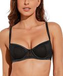 Deyllo Women's Lace Underwire Balconette Bra Sheer Unlined Demi Non Padded Bra See Through(Black,36E)