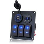 3 Gang Switch Panel, EilxMag Blue Marine Rocker Switch Panel Waterproof with 12V/24V Dual USB Slot Socket Voltmeter for Car Marine Boat Truck