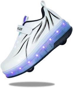 Yogeeft Kids Shoes with Double Wheels - Upgraded Kids Roller Shoes for Gifts, Retractable Wheels Skateboarding Shoes for Kids Sneakers Light Up Rechargeable for Birthday Party Gift, Sd-white, 12.5