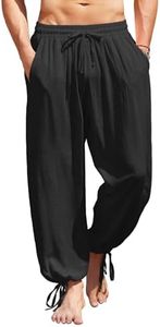 COOFANDY Men's Cotton Linen Harem Pants Drawstring Casual Cropped Trouserss Lightweight Loose Beach Yoga Pants with Pockets Black