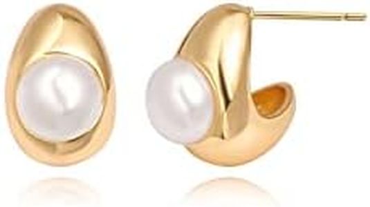 Freshwater Cultured Pearl Drop Earrings, Cute 18k Gold Stud Earrings, Chunky Gold Huggie Earrings for Women