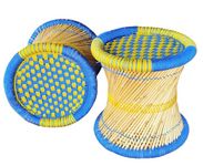 KISMAT:- Sitting and footrest Hand Made Bamboo Stool Stylish Degine Use for Living Room, Bedroom, Dining Room Balcony Office,Indoor & Outdoor, Garden etc.. Size -15x15 Set of-2 (Yellow-Blue)