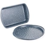 Russell Hobbs COMBO-5440 Pizza Roasting Tin Set, Non-Stick Oven Trays, Perforated Baking Pan with Deep Roaster, Carbon Steel, 2 Piece, Nightfall Stone Collection, Blue Marble, 37/38 cm