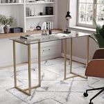 Martha Stewart Eli Home Office Glass Desk with Metal, Steel, Clear Top/Polished Brass Frame, Set of 1