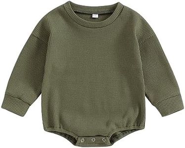 DNOMAID YZARC Baby Boy Girl Crewneck Sweatshirt Romper Waffle Knit Long Sleeve Bubble Romper Oversized Sweater Bodysuit Tops, Green, 6-12 Months