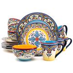 Euro Ceramica Inc. YS-ZB-1001 Zanzibar Collection Vibrant 16 Piece Ceramic Earthenware Dinnerware Set, Spanish/Mexican Floral Design, Multicolor, Service for 4