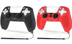 PSS 2Pack Silicone Cover for PS5 Controller, Anti-Slip Shockproof Soft Rubber Protective Case Cover Skin Protector Case Compatible for Playstation 5 DualSense Gamepad with 1 Hand Strap (Black/Red)