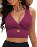 GRAPENT 2024 Summer Bathing Suit Bikini Tops for Women Cropped Tankini Tops Beach Padded Knot Twist Cut Out Adjustable Tank Swimwear Swim Suit Top Only Plum Color X-Large Size 16 to 18