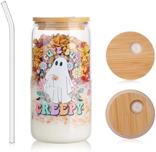 Halloween Glass Cups with Lids and Straws - Cute Ghost Tumbler, Functional & Portable Coffee Cups for Halloween Party Favors, Coffee Drinks, Trick-or-Treat Gifts (COLOR D)