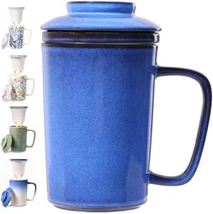 Foinly Ceramic Tea Mug with Infuser and Lid,16oz Porcelain Loose Leaf Tea Cup with Large Handle,Metal-Free Filter,Microwave &Dishwasher Safe,Perfect for Tea,Coffee (Vintage Blue)