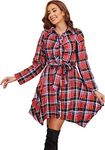 FANCYINN Womens Long Sleeve Checker Plaid Shirt Dress Pleated Front Chest Irregular Hem Buttons Up Casual Autum Flannel Dress Red & Blue XL