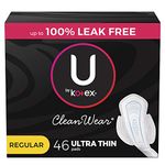 U by Kotex CleanWear Ultra Thin Feminine Pads with Wings, Regular Absorbency, 46 Count