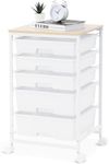 SYKIARIOL Utility Cart with 5 Drawer,Storage Drawer Cart with Wooden Tabletop and Lockable Wheels, 5 Drawer Rolling Cart with Large Capacity,White