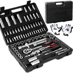 Monzana® 94pc Ratchet Socket Wrench Set in Tool Case | Chrome Vanadium Steel | Allen Hex Torx Slot Cross Screwdriver Bits in Box | Universal 1/4' - 1/2' Drive with Work Gloves