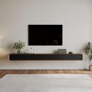 POVISON Fully-Assembled Minimalist Floating TV Stand, Modern Wall-Mounted Entertainment Center with 4 Flip-Down Cabinet Doors, Solid Wood Media Console, 110.24"