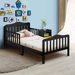 Costzon Toddler Bed, Classic Design Wood Bed Frame w/Two Side Safety Guardrails & Wooden Slat Support for Kids Boys & Girls, Children Sleeping Bedroom Furniture (Black)