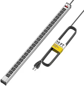 Long Power Strip 24-Outlet ETL Certified Heavy Duty Metal Power Strip 10 ft Extension Cord with Multiple Outlets Garage Workshop Commercial Industrial Power Strip