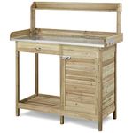 costoffs Potting Bench Wood Garden Potting Table with Cabinet and and Drawers Outdoor Metal Surface Work Bench for Greenhouse with Hooks and Shelf, Light Green