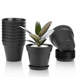 T4U 4 Inch Flower Pots 10-Pack - Small Plastic Planter with Drainage Hole and Saucer, Decorative Nursery Plant Pot Bulk for African Violet, Snake Plant, Aloe and All House Plants Indoor (Black)