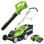 Greenworks 40V 14-Inch Cordless Lawn Mower / Axial Blower Combo Kit, 4.0Ah USB Battery (USB Hub) and Charger, CK40B410